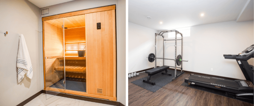 A renovated basement space split into two: a cedar sauna with a glass door on the left and a home gym with a squat rack and treadmill on the right.